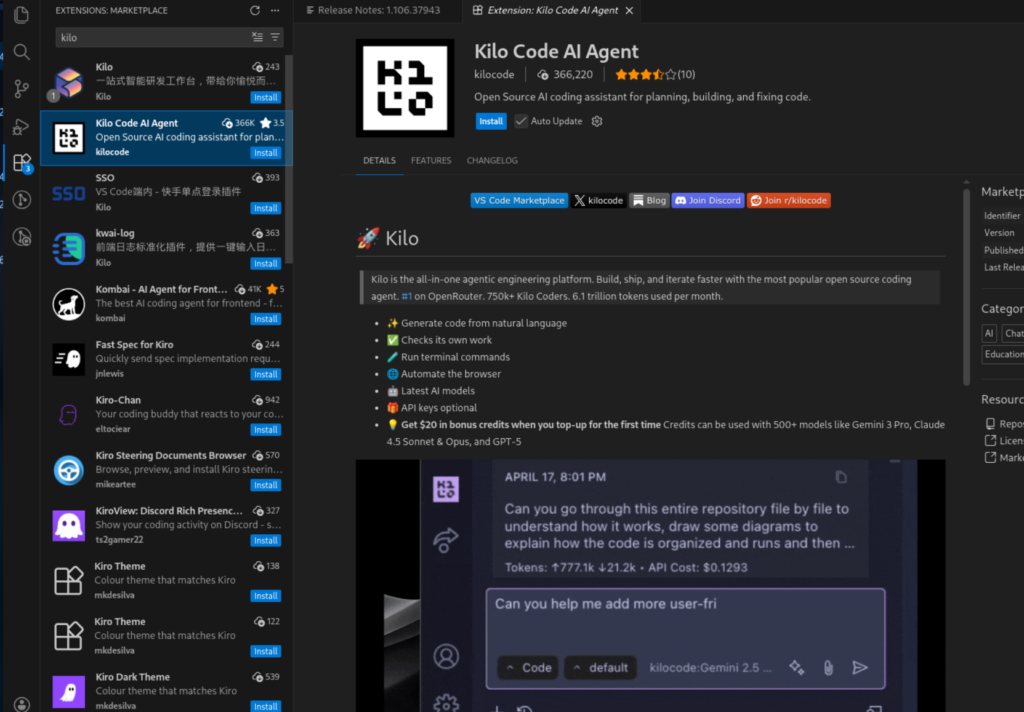 Installing Kilo Code extension in VS Code