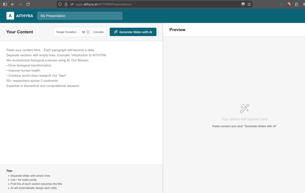 AITHYRA Presentations Tool Interface